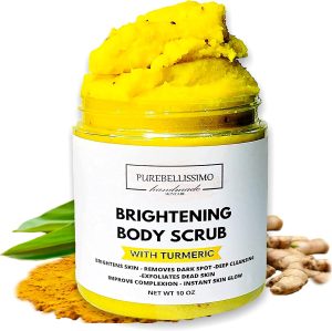PureBellissimo Turmeric Skin Brightening Scrub for Dark Spots, Dark Inner Thighs Bikini Area Underarms, Natural Exfoliating Turmeric Face Scrub ALL NATURAL 10OZ