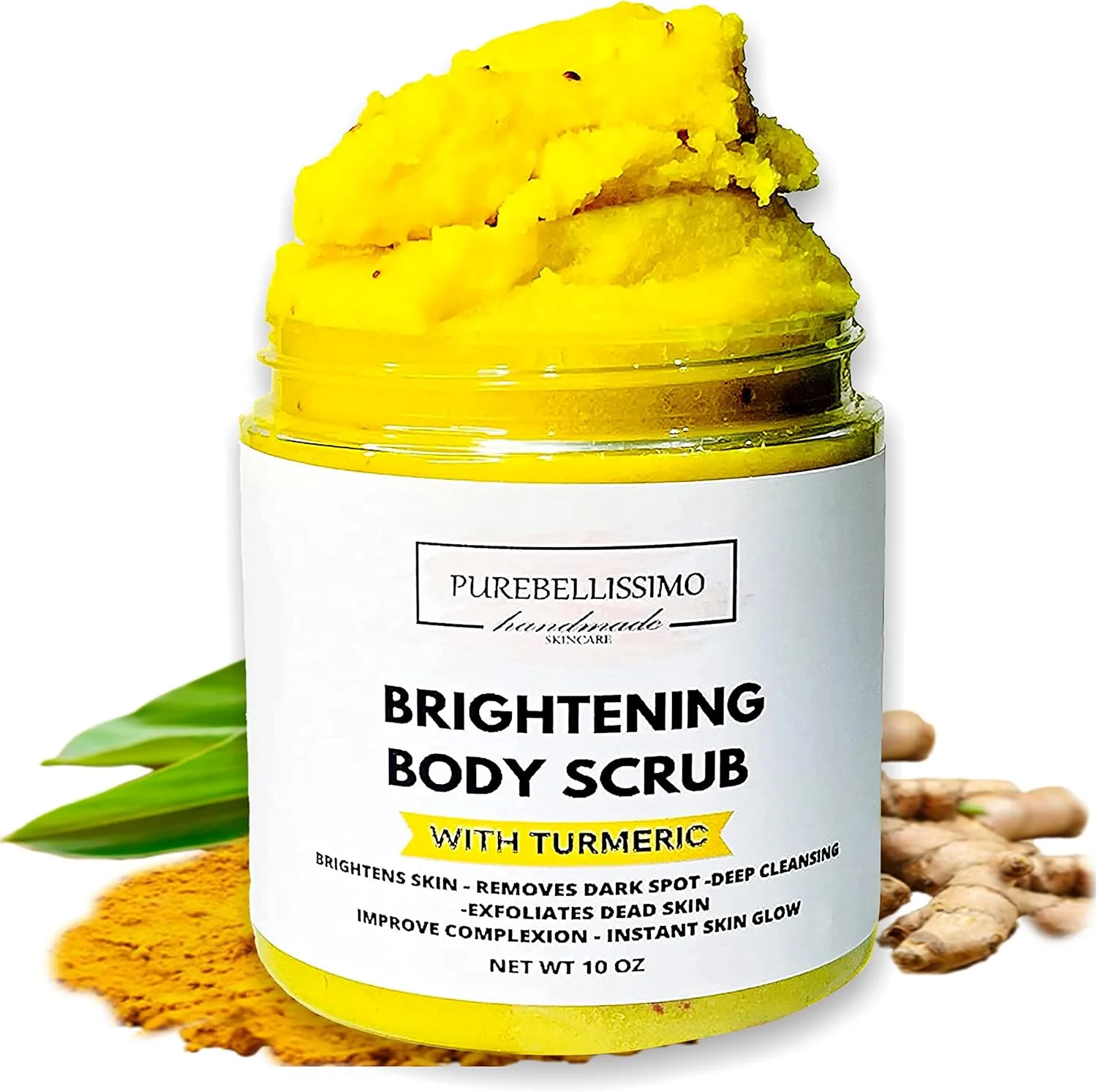 PureBellissimo Turmeric Skin Brightening Scrub for Dark Spots, Dark Inner Thighs Bikini Area Underarms, Natural Exfoliating Turmeric Face Scrub ALL NATURAL 10OZ