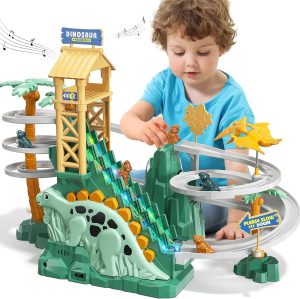 Dinosaur Climbing Slide Set, Azonee Interactive Dinosaur Slide & Truck Kit With Lights And Music, Racing Track Playset, Kids 3+ Birthday Gift