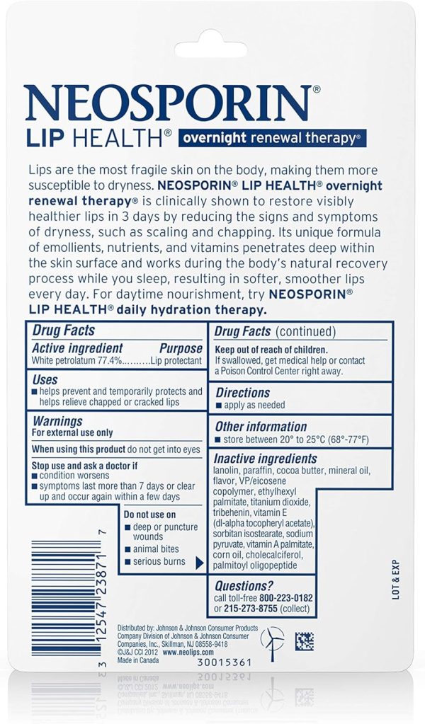 ⁦Neosporin Lip Health Overnight Renewal Therapy Petrolatum Lip Protectant 0.27 oz⁩ - الصورة ⁦2⁩