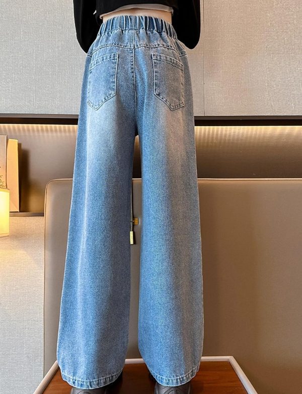 ⁦SEAUR Girls Kids Jeans Loose Wide-Leg Denim Pants Baggy Straight Elastic Waist Ripped Jeans Stretchy Vintage Casual Trousers with Pockets Age 5-14 Years⁩ - الصورة ⁦5⁩