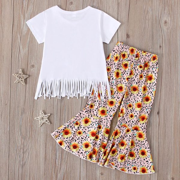 ⁦Toddler Girls Summer Set Tassel Tops Sunflowers Print Trousers Flared Trousers Set Casual Wear Outfits 6 Years Children's Clothing Set Girls⁩ - الصورة ⁦4⁩