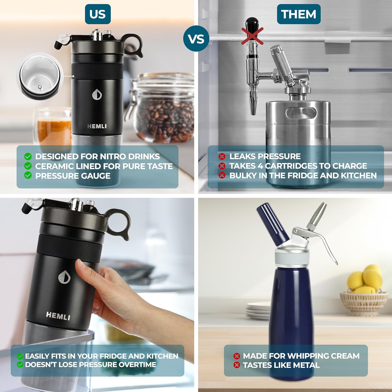 Hemli Nitro Cold Brew Coffee Maker 12 oz Ceramic-Lined, Tritan Cup, Pressure Gauge, Stores 3 Nitrogen Gas Bulbs Custom Designed for Cold Brew and Nitro Drinks 2 Hemli Nitro Cold Brew Coffee Maker 12 oz Ceramic-Lined, Tritan Cup, Pressure Gauge, Stores 3 Nitrogen Gas Bulbs Custom Designed for Cold Brew and Nitro Drinks - الصورة 2