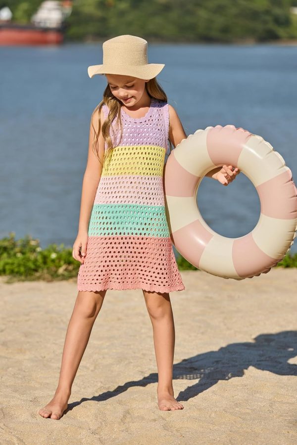 ⁦Haloumoning Girls Color Block Crochet Knit Swim Cover up Kids Summer Sleeveless Beach Dress 5-14 Years⁩ - الصورة ⁦4⁩