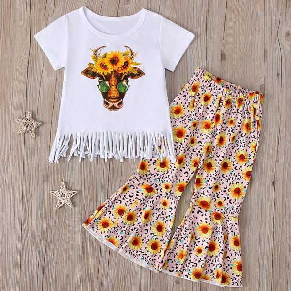 ⁦Toddler Girls Summer Set Tassel Tops Sunflowers Print Trousers Flared Trousers Set Casual Wear Outfits 6 Years Children's Clothing Set Girls⁩ - الصورة ⁦3⁩