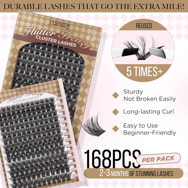 ⁦LASHVIEW Lash-Extension-Clusters 168pcs D Curl Lash Clusters Natural Look Cluster Lashes Extensions Super Thin Band & Soft Lashes Reusable 9-16mm MIX (56D)⁩ - الصورة ⁦4⁩