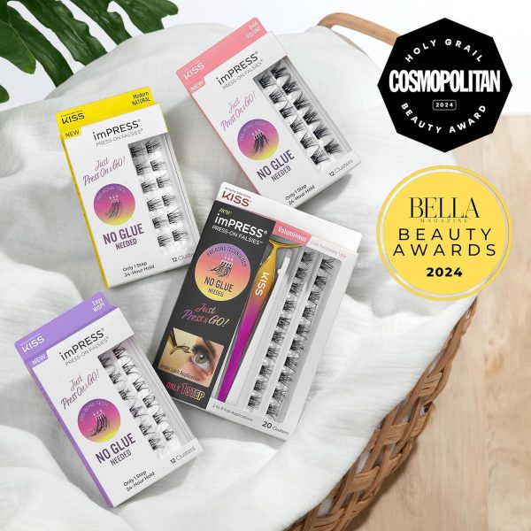 ⁦KISS imPRESS Falsies Press On Self Adhesive Eyelashes, 12mm-14mm Natural Volume Press On Lashes, Black, No Glue Needed, Invisible Band, 12 Lash Clusters - Chic⁩ - الصورة ⁦2⁩