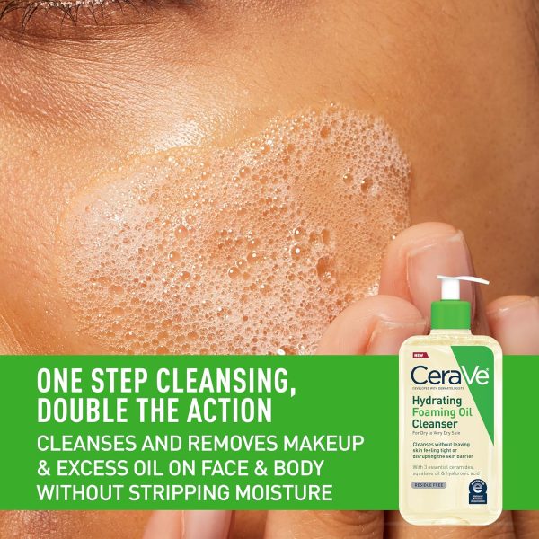 ⁦CeraVe Hydrating Foaming Oil Cleanser | Moisturizing Oil Cleanser for Face & Body | Squalane Oil + Hyaluronic Acid + Ceramides | For Dry to Very Dry Skin | Fragrance Free & Residue Free | 19 FL Oz⁩ - الصورة ⁦3⁩