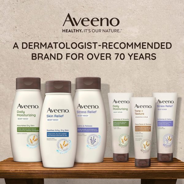 ⁦Aveeno Stress Relief Body Scrub, Exfoliating Body Wash for Softer, Smoother Skin, Formulated with Prebiotic Oat & Lavender Scent to Calm & Relax, Sulfate-Free & Soap-Free, 8 fl. Oz⁩ - الصورة ⁦6⁩