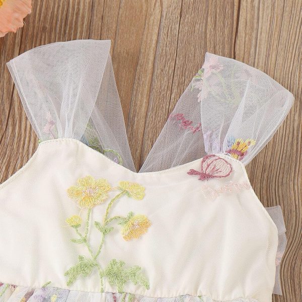 ⁦Azonee Dress Floral Lace Romper Set with Flower Headband, Embroidery Sleeveless Tulle Tutu Princess Back Bowknot Jumpsuit Toddler Kids Summer Clothes for Baby Girls 1st Birthday Party Outfit 90cm⁩ - الصورة ⁦4⁩