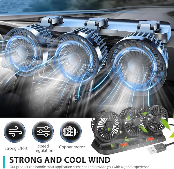 ⁦5V USB Three-Headed Car Fan – 360° Rotatable Auto Cooling Fan for Back Seat, Truck, Van, SUV, RV, Boat, Caravan – Quiet, Powerful Airflow (Black)⁩ - الصورة ⁦4⁩