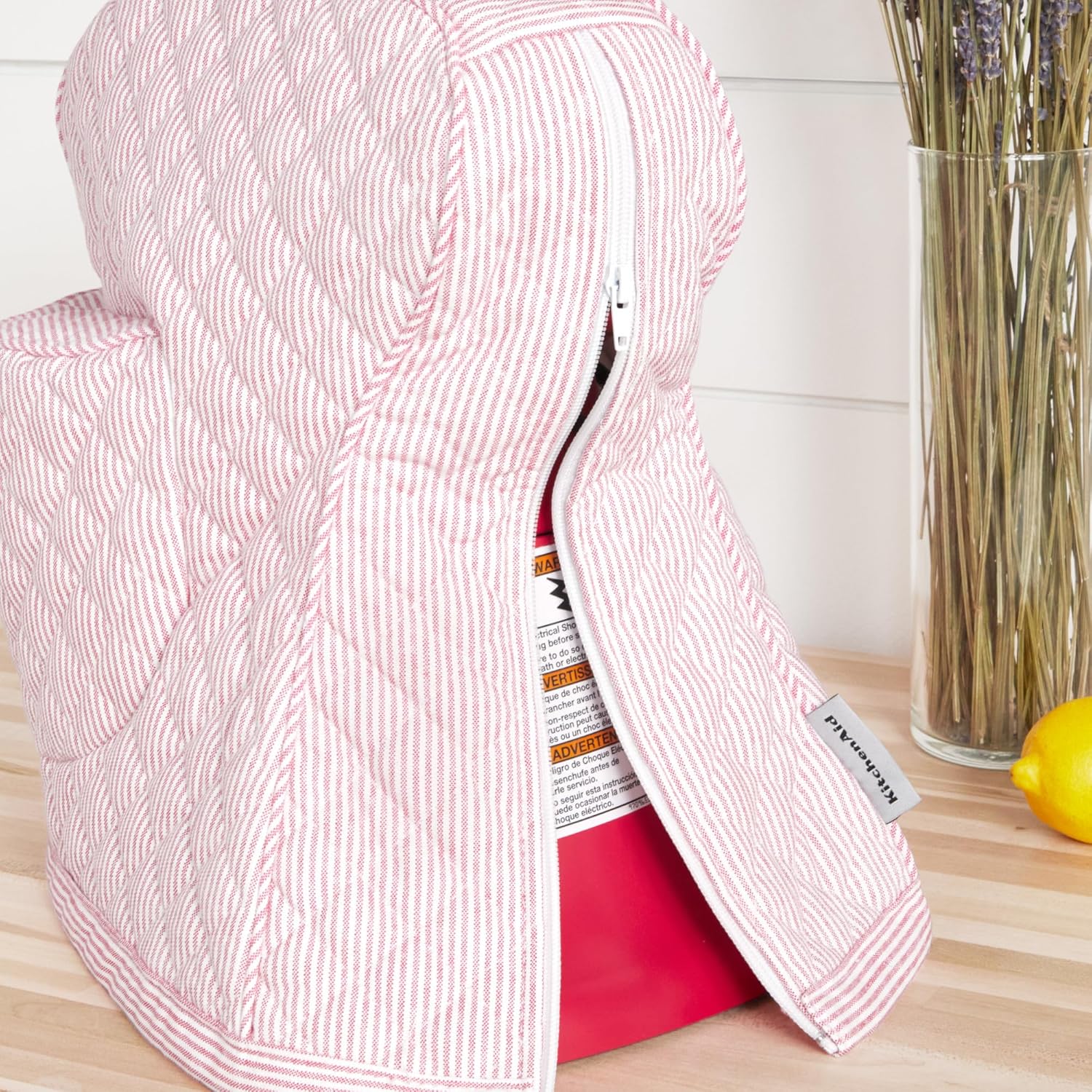 KitchenAid Fitted Tilt-Head Ticking Stripe Stand Mixer Cover with Storage Pocket, Quilted 100% Cotton, 14.4" x 18" x 10", Hibiscus Pink 5 KitchenAid Fitted Tilt-Head Ticking Stripe Stand Mixer Cover with Storage Pocket, Quilted 100% Cotton, 14.4" x 18" x 10", Hibiscus Pink - الصورة 5