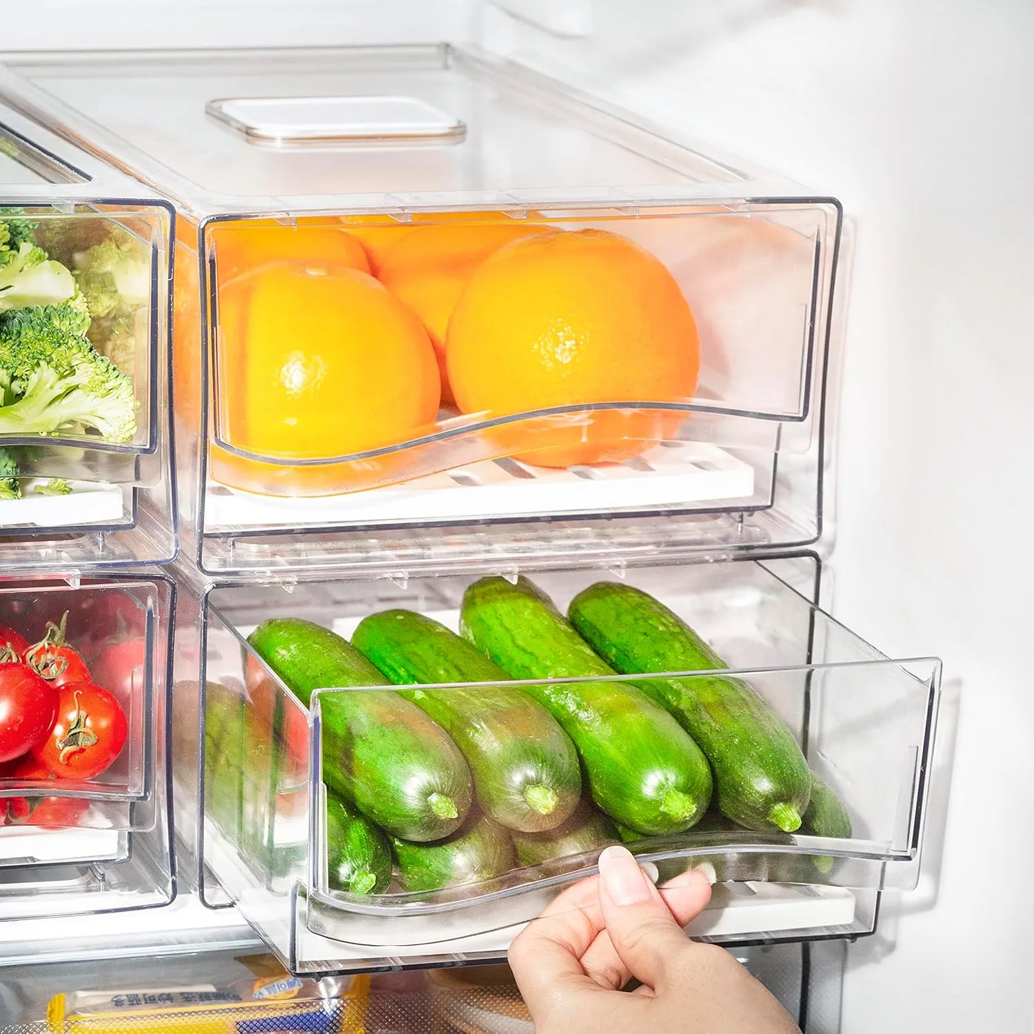 2 Pack Fridge Organizer Bins, Clear Stackable Refrigerator Drawers Pull Out, Reusable Food Storage Containers for Kitchen, Freezer, Pantry, Office, Closet, Large Food Fruit&Vegetable Storage as ​Gift