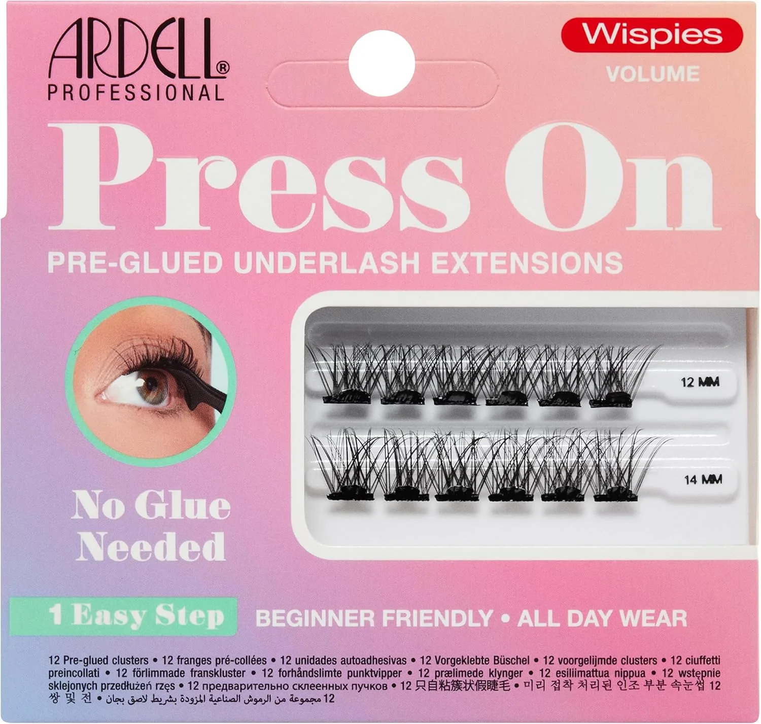 Ardell Press On Pre-Glued Underlash Eyelash Extensions, Wispies Volume Cluster Lashes Kit, Beginner-Friendly DIY Lash Extension Kit, Assorted Lengths, Mini Pack, 12 Lash Clusters