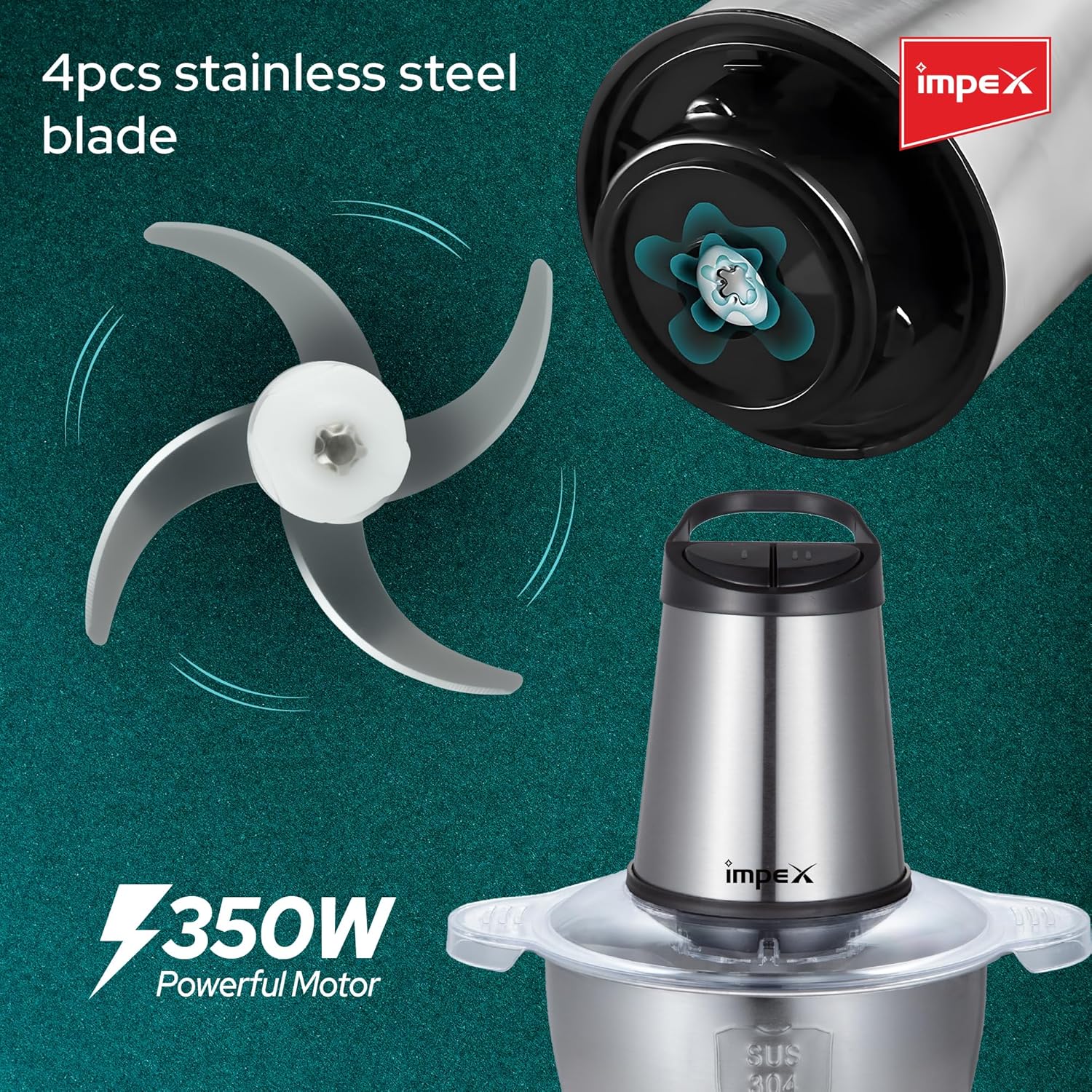 Impex Food Chopper With 2 Liter Glass Bowl,350W Powerful Motor Food Processor, Dual Speed, Stainless Steel Blades, Overheat Protection,2 Year Warranty-FC 3202 4 Impex Food Chopper With 2 Liter Glass Bowl,350W Powerful Motor Food Processor, Dual Speed, Stainless Steel Blades, Overheat Protection,2 Year Warranty-FC 3202 - الصورة 4