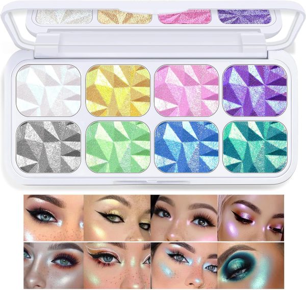 Tazweeq 8 Colors Face Highlighter, Diamond Glitter iluminadores, Makeup Palette, Intense-Color Chameleon Eyeshadow Rainbow Shimmer, Highlighter Metallic Contour Bronzer Palette