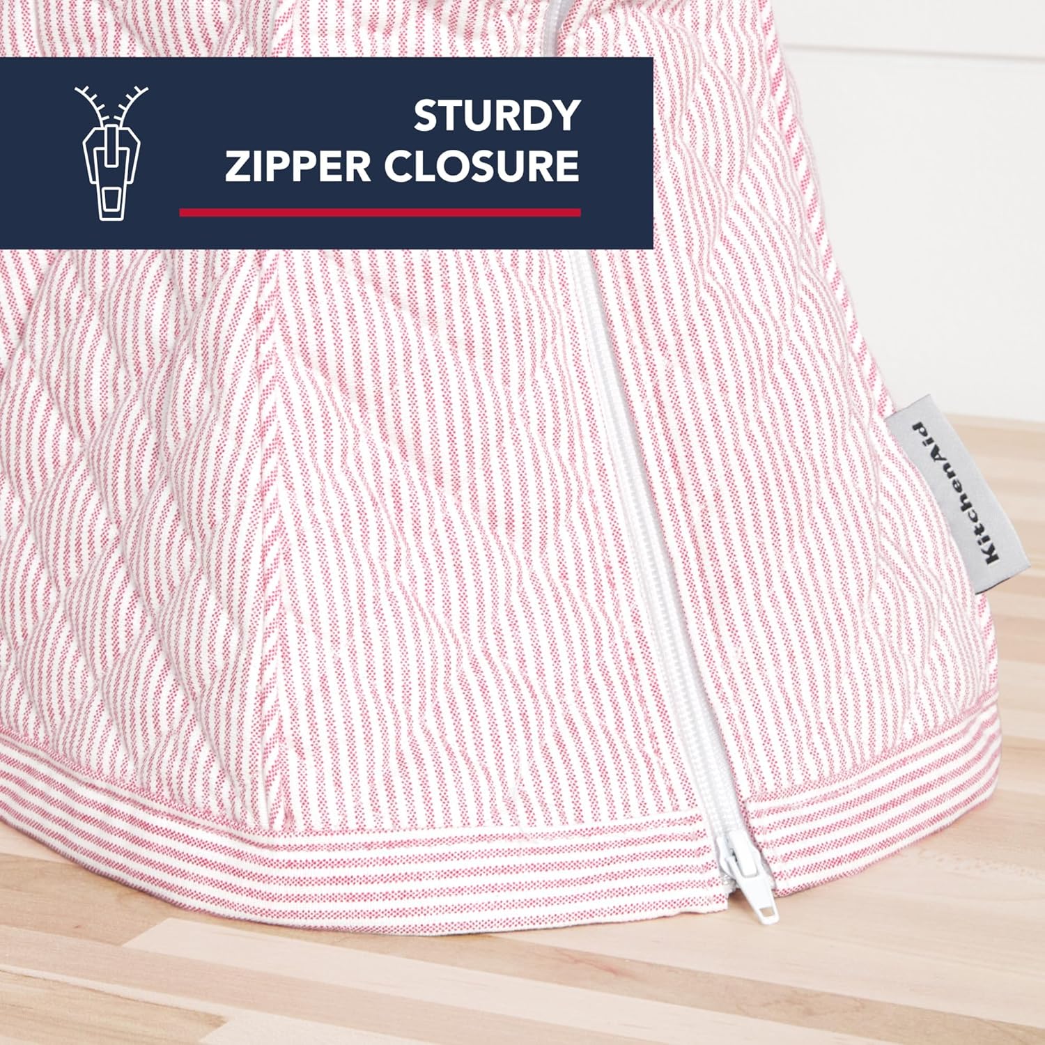 KitchenAid Fitted Tilt-Head Ticking Stripe Stand Mixer Cover with Storage Pocket, Quilted 100% Cotton, 14.4" x 18" x 10", Hibiscus Pink 3 KitchenAid Fitted Tilt-Head Ticking Stripe Stand Mixer Cover with Storage Pocket, Quilted 100% Cotton, 14.4" x 18" x 10", Hibiscus Pink - الصورة 3