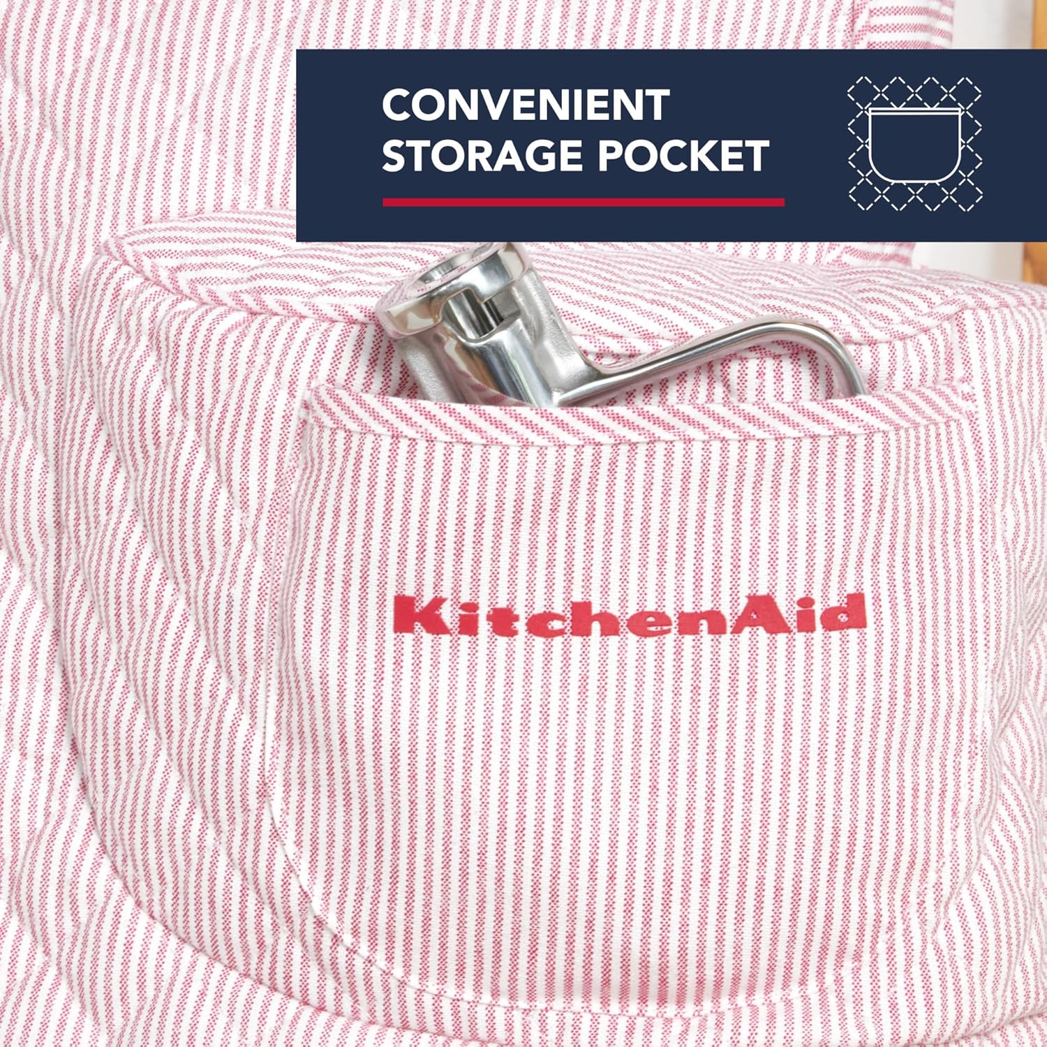KitchenAid Fitted Tilt-Head Ticking Stripe Stand Mixer Cover with Storage Pocket, Quilted 100% Cotton, 14.4" x 18" x 10", Hibiscus Pink 4 KitchenAid Fitted Tilt-Head Ticking Stripe Stand Mixer Cover with Storage Pocket, Quilted 100% Cotton, 14.4" x 18" x 10", Hibiscus Pink - الصورة 4