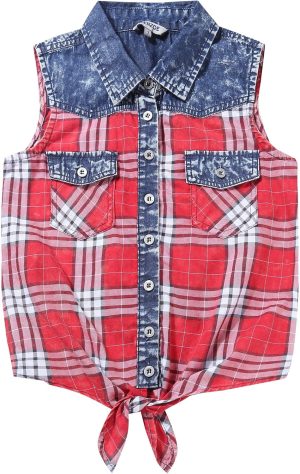 Bienzoe Girls Crop Tank Tops: Cowgirl Plaid Sleeveless Button Down Western Casual Blouse