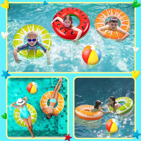 ⁦YelaJoy Inflatable Pool Floats Kids, 4 Pcs Fruit Swim Tubes Rings and 3 Pcs 12" Beach Balls, Pool Floaties Summer Hawaiian Beach Toys Swimming Luau Party Floats for Kids Adults Water Fun⁩ - الصورة ⁦3⁩
