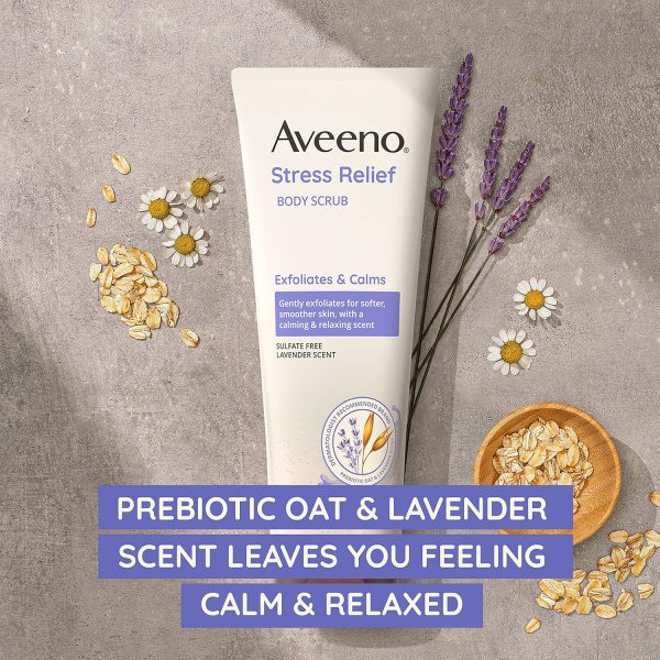 ⁦Aveeno Stress Relief Body Scrub, Exfoliating Body Wash for Softer, Smoother Skin, Formulated with Prebiotic Oat & Lavender Scent to Calm & Relax, Sulfate-Free & Soap-Free, 8 fl. Oz⁩ - الصورة ⁦2⁩