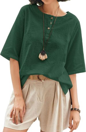 Cnlinkco Linen Tops for Women 3/4 Sleeve Crew Neck Cotton Shirts Casual Jacquard Boho Blouse