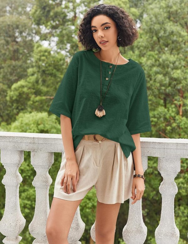 ⁦Cnlinkco Linen Tops for Women 3/4 Sleeve Crew Neck Cotton Shirts Casual Jacquard Boho Blouse⁩ - الصورة ⁦2⁩