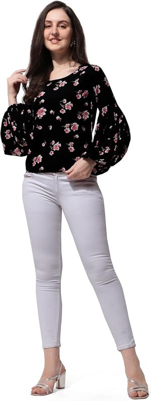 Oomph! Floral Print Blouson Top in Crepe Fabric with Round Neck and Full Sleeve
