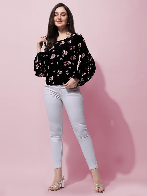 ⁦Oomph! Floral Print Blouson Top in Crepe Fabric with Round Neck and Full Sleeve⁩ - الصورة ⁦2⁩