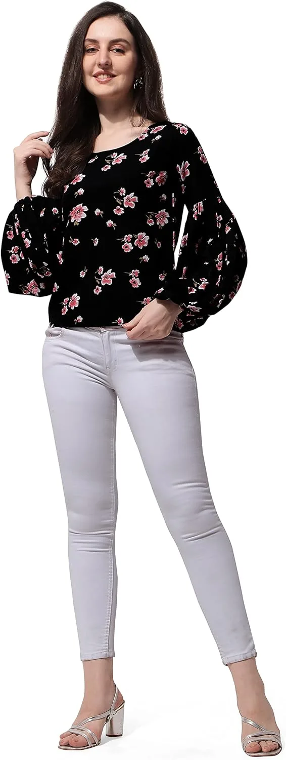 Oomph Floral Print Blouson Top in Crepe Fabric with Round jpg