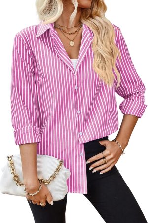 SEAUR Striped Button Down Shirts for Women Long Sleeve Casual Cotton Blouse Stylish V Neck Office Work Tops