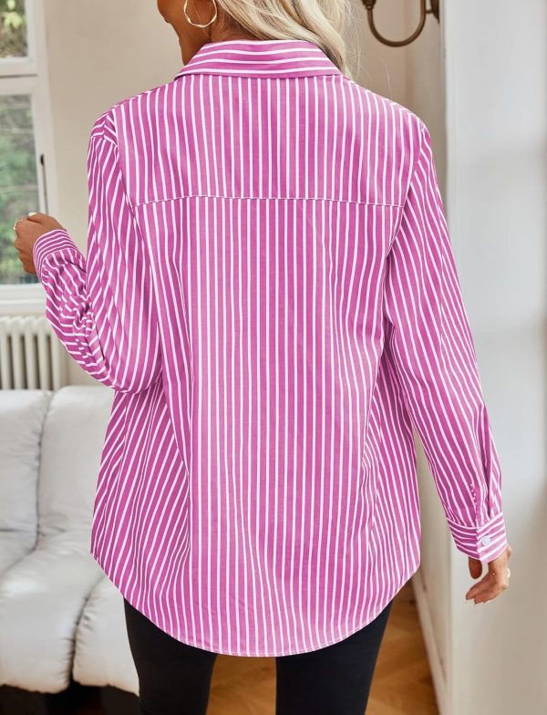 ⁦SEAUR Striped Button Down Shirts for Women Long Sleeve Casual Cotton Blouse Stylish V Neck Office Work Tops⁩ - الصورة ⁦2⁩