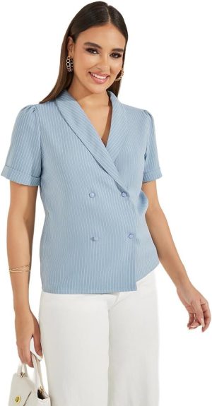 STYLI Women 7008992803 Pinstriped Lapel Collar Wrap Top with Button Detail XL Blue