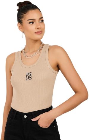 STYLI Women Fitted Est 98 Embroidered Ribbed Tank