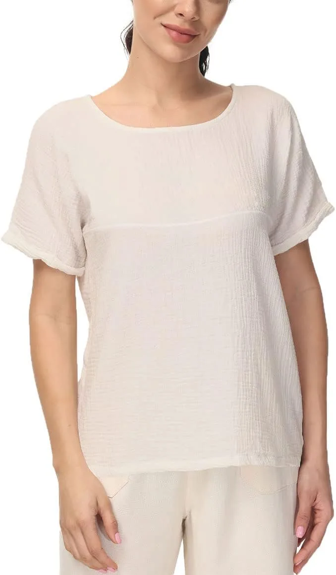 Soojun Womens Cotton Linen Round Collar Boxy Top Patchwork Blouses jpg