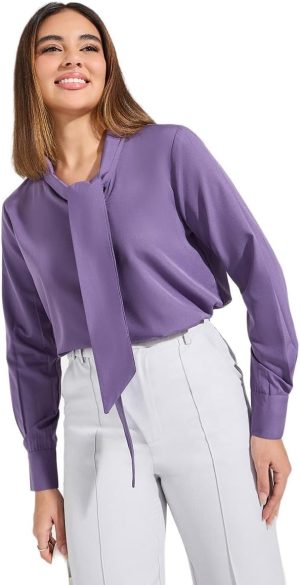Styli Women 7008622629 Solid Regular Fit Tie-Up Neck Top With Long Cuffed Sleeve