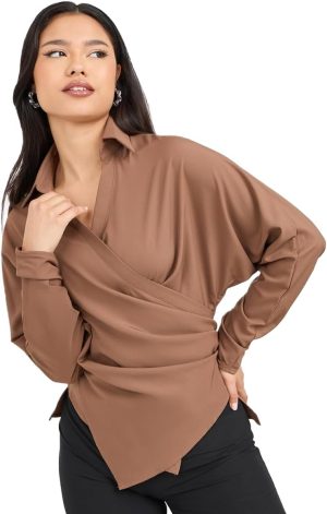 Styli Women Collared Batwing Sleeves Wrap Top