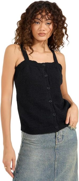 Styli Women Flat Knit Cami Top With Front Button Detail