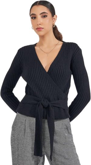 Styli Women Rib Knitted Mock Wrap Top With Tie Detail
