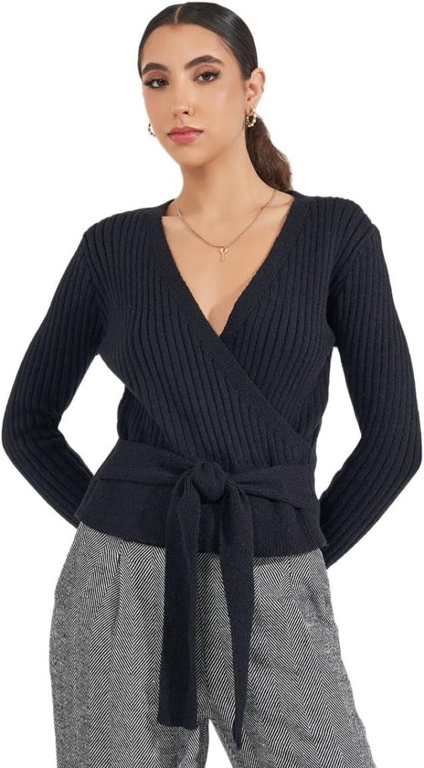 Styli Women Rib Knitted Mock Wrap Top With Tie Detail
