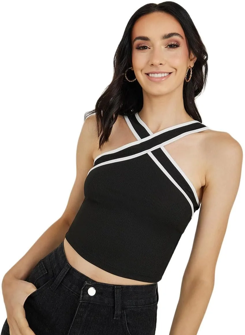 Styli Women Ribbed Crisscross Halter Neck Crop Cami jpg