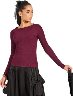 Styli Women Ribbed Knit Top With Boat Neck