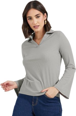 Styli Women Ribbed Regular Fit Flared Sleeve Polo T-Shirt