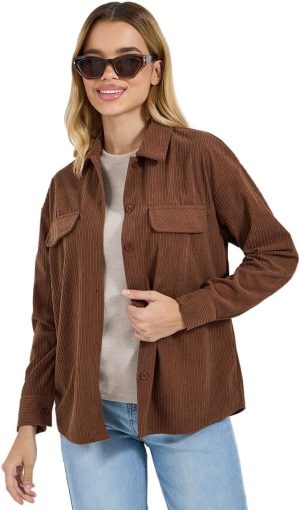 Styli Women's Brown Corduroy Long Sleeve Oversized Shirt