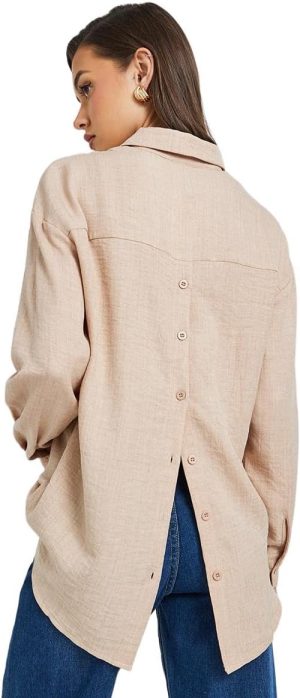 Styli Women's Regular Fit Spread Collar Shirt With Back Button Detail