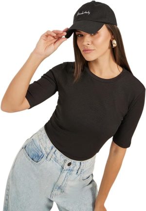 Styli Women's Short Sleeve Ribbed Round Neck Fitted Knit Top