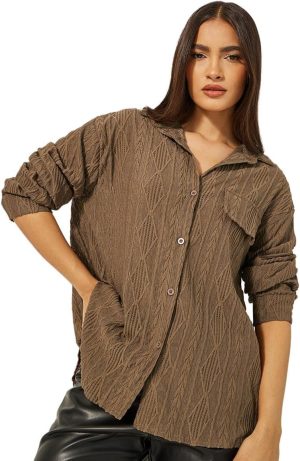 Styli Women's Textured Knit Oversized Shirt With Flap Detail