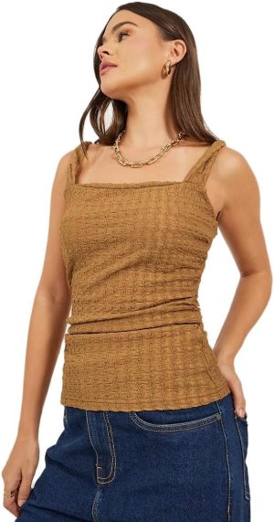 Styli Women's Textured Ruched Strappy Fitted Tank T-Shirt