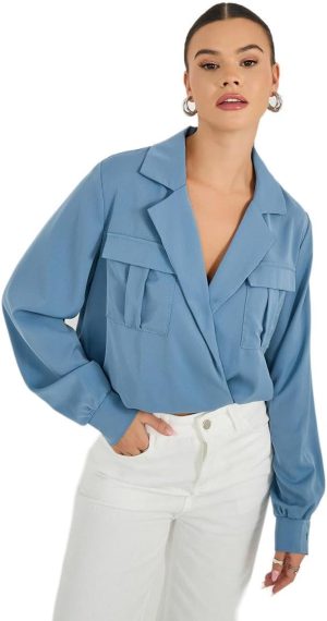 Styli Women's Wrap Notch Collar Blouse With Pocket Detail