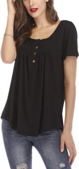 Womens Tops Floral V Neck Casual Blouses Short/Long Sleeve Shirts Button Up Tunic